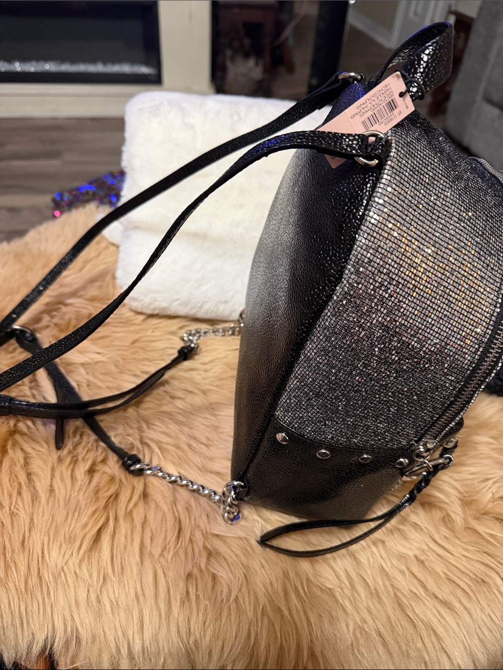 Victoria's Secret Black Studded Glitter Backpack & Black Rosette Makeup Bag NWT - Picture 4 of 9